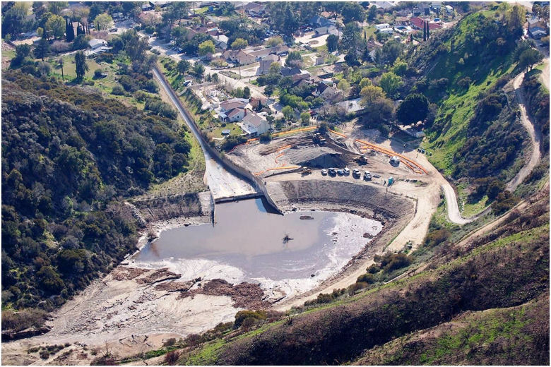 Aerial view of a debris basin.