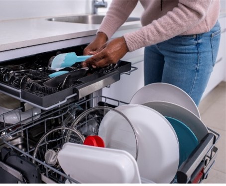 Running the dishwasher when full instead of hall full, saves 5-15 gallons of water per load